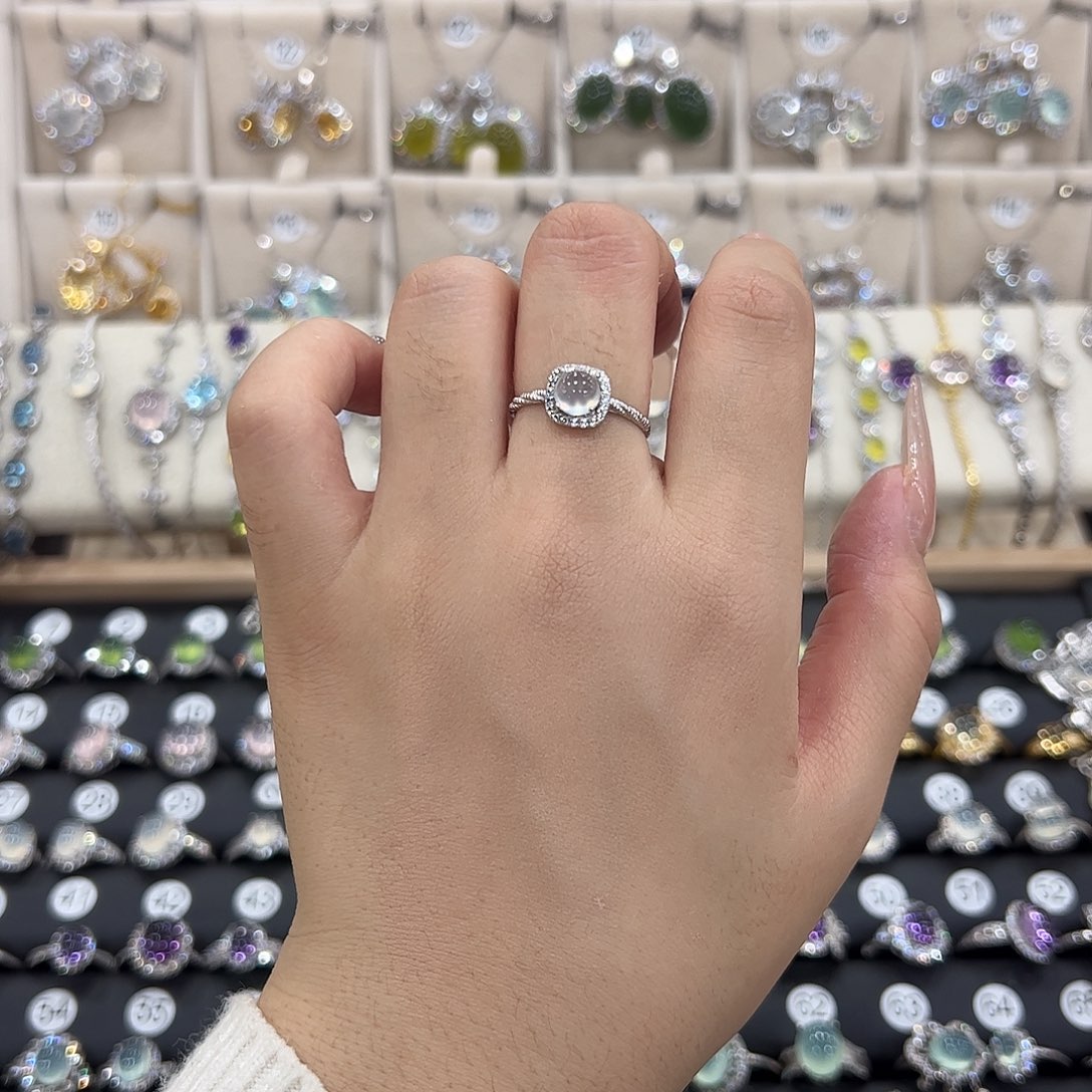 岫玉银S925镶嵌戒指白月光方糖