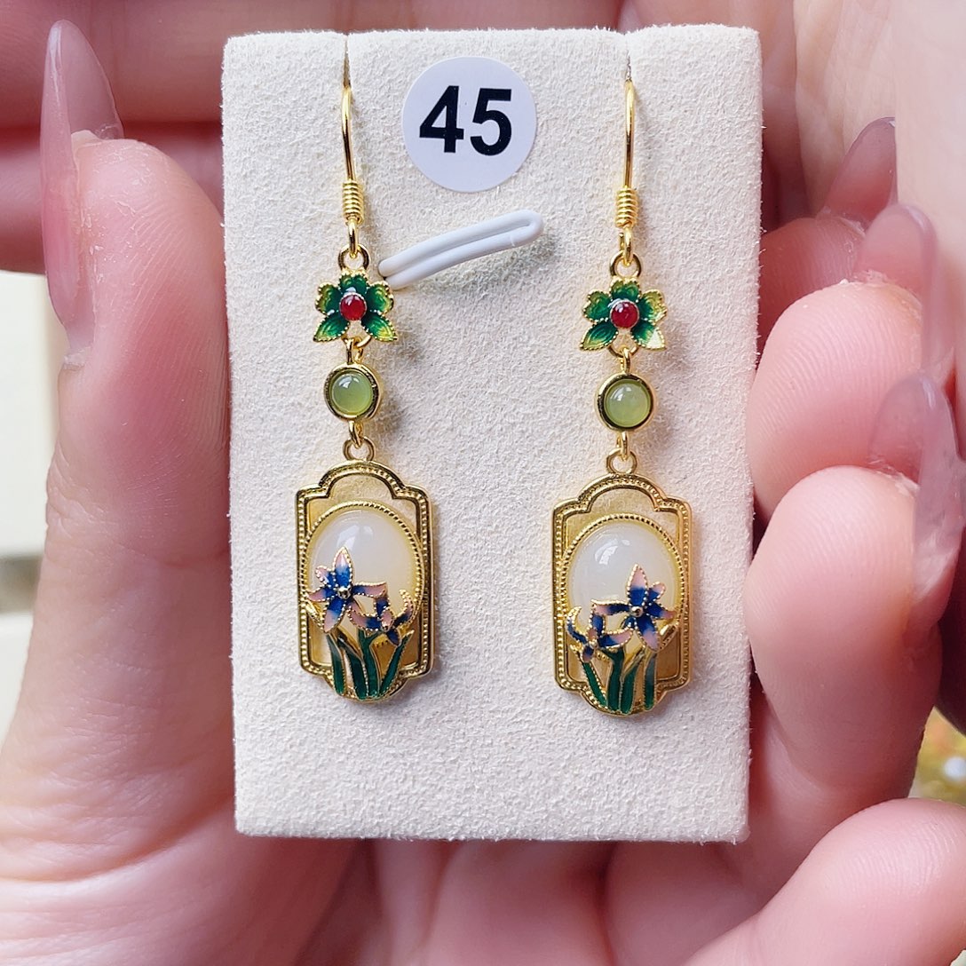 和田玉银S925镀金镶嵌耳饰