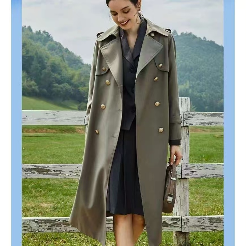 6801长款###绿色英伦风韩版宽松双排扣风衣外套