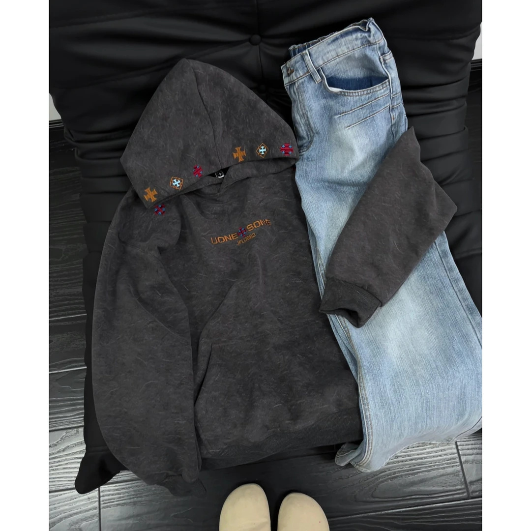 设计感民族风白花灰刺绣卫衣男秋冬加绒宽松连帽衫潮牌休闲情侣装