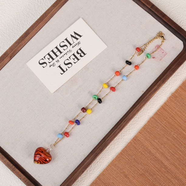 合金项链 LZ3140 橙色豹纹爱心彩色小米珠琉璃项链百搭