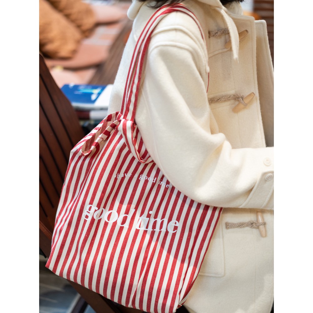 无品牌古苔  日杂百搭红色条纹包  超实用纯棉大包 