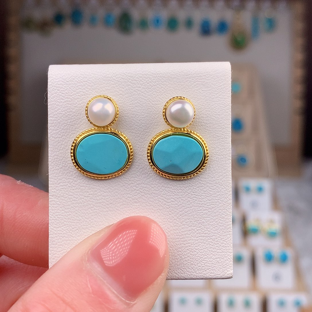 绿松石耳饰银S925镶嵌