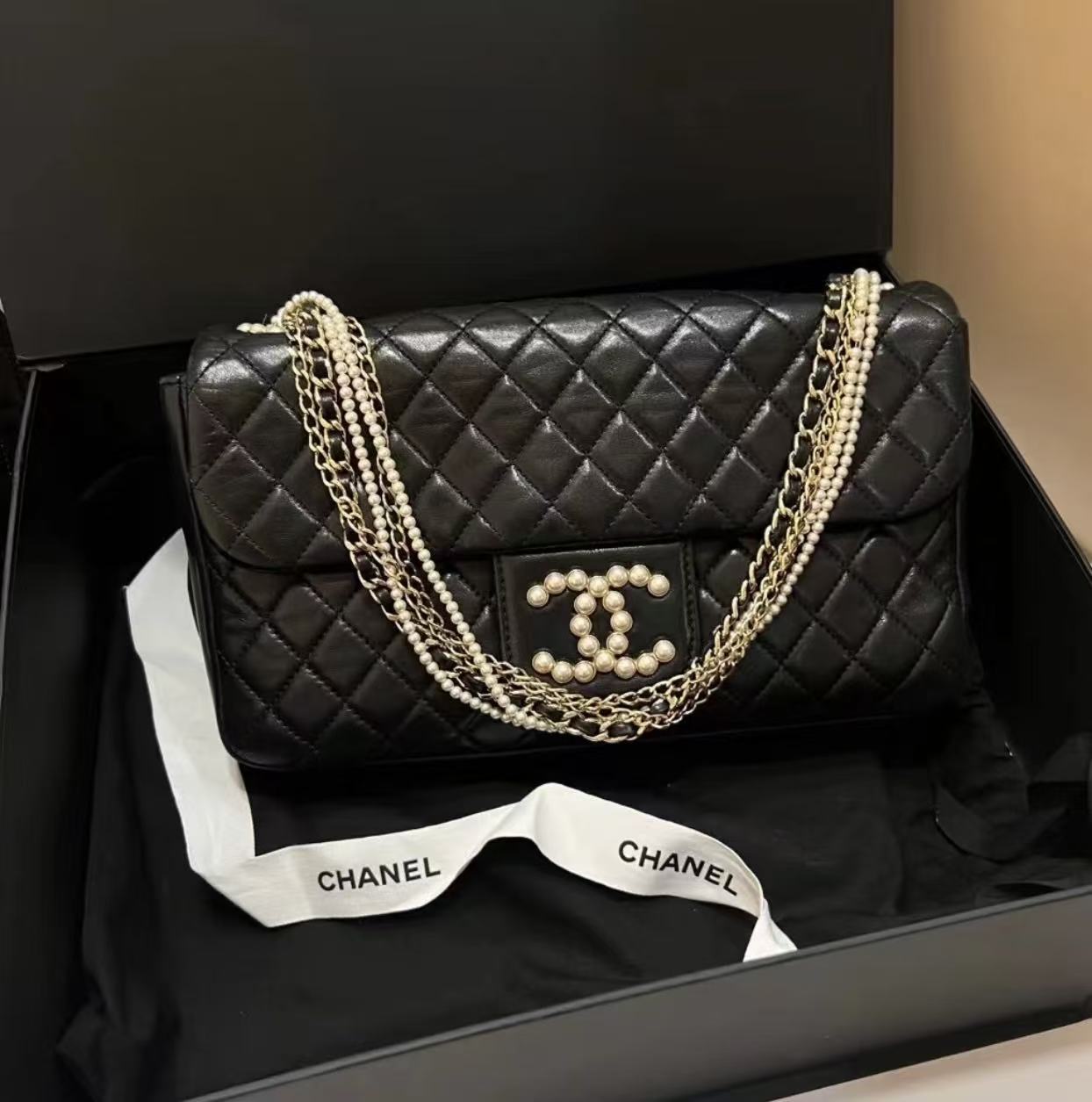 95新 Chanel/香奈儿 黑色威斯敏斯特珍珠包 25cm 18779353