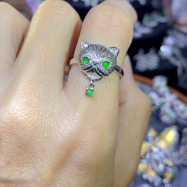 翡翠戒指银S925镶嵌天然翡翠