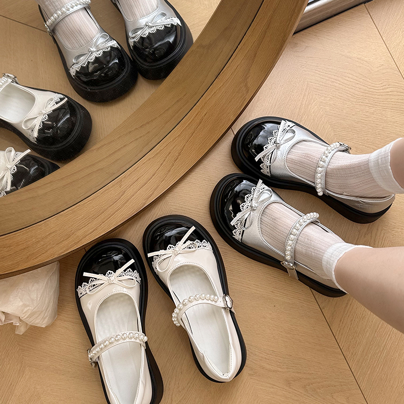 法式白色珍珠蝴蝶结玛丽珍女鞋2025春夏新款松糕厚底配裙子小皮鞋