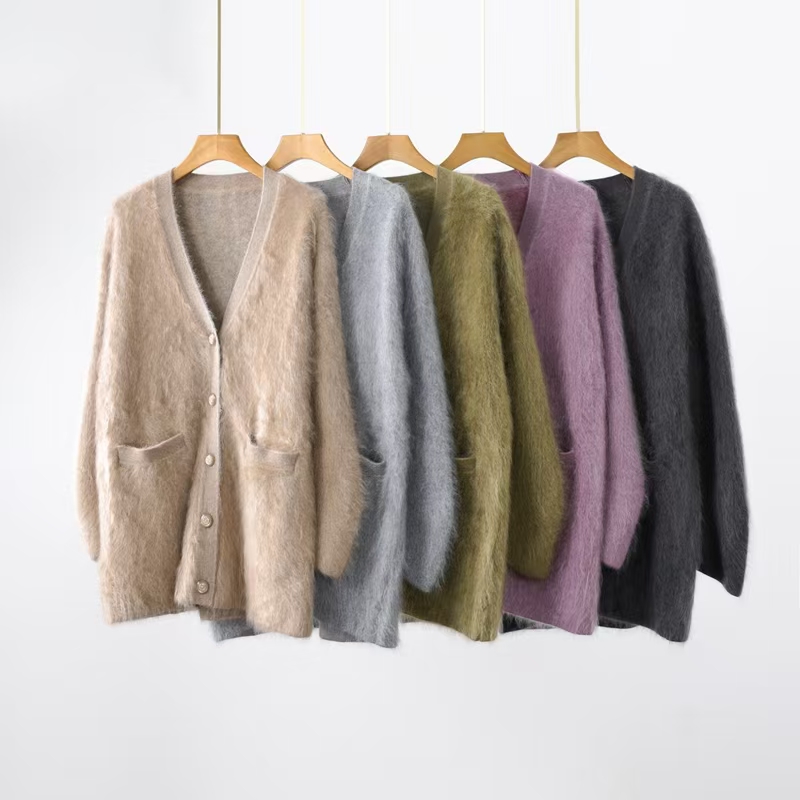 【拉绒大衣】网红开衫长袖毛针织衫气质冬季V领不褪色针织宽松时尚