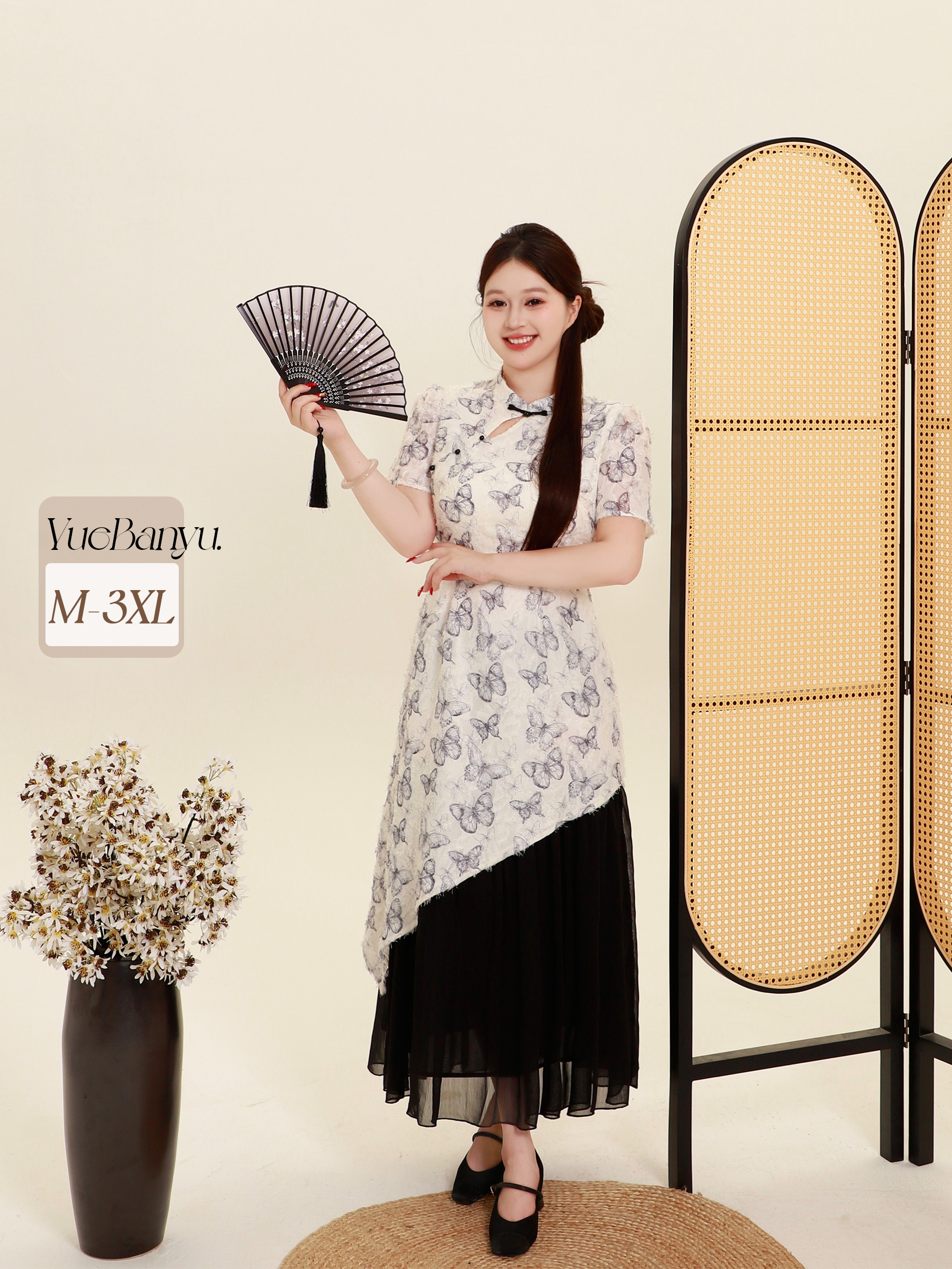 月半鱼【内购会】新中式蝴蝶印花假两件改良旗袍女拼接设计连衣裙