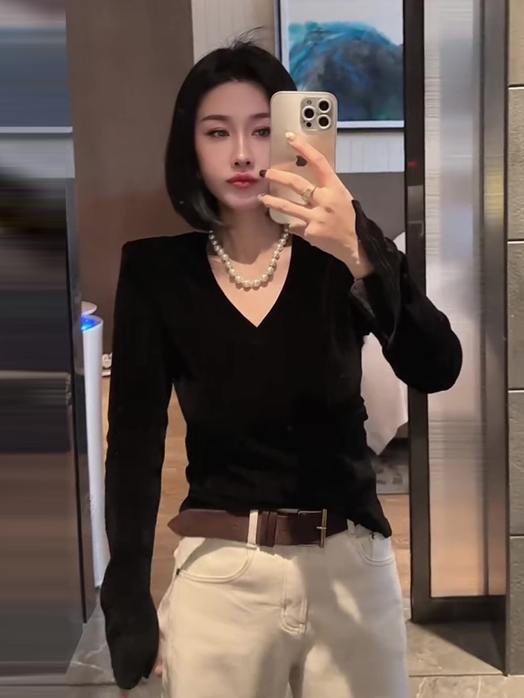 ST-031欧货复古丝绒打底衫女2025秋冬新款内搭修身显瘦T恤长袖V领