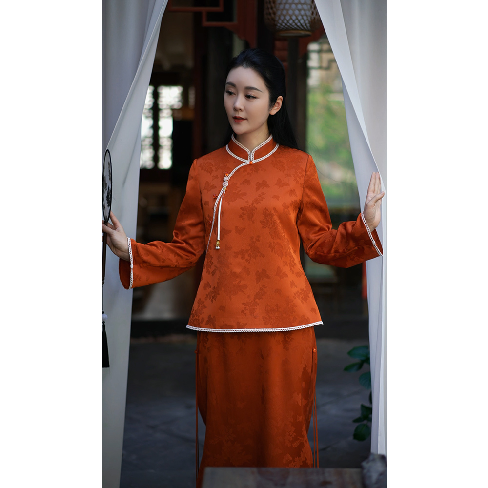 【玉玲珑】春季桔色新中式复古提花面料时尚宽松长款套装