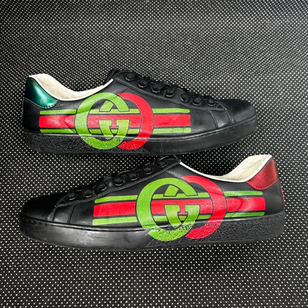 90新 GUCCI/古驰 41.5码 27cm 双G印花 黑色 内衬后跟瑕疵 板鞋