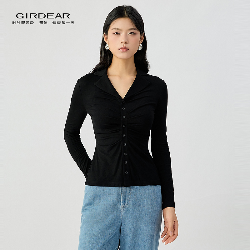 哥弟 V领收腰捏褶设计感衬衫（3色）130097