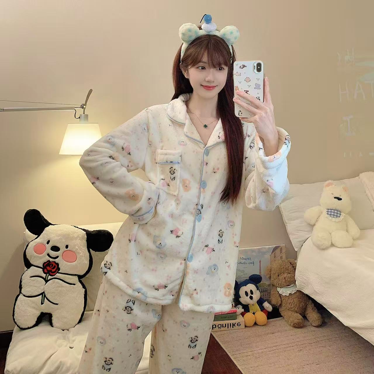 法兰绒少女甜美睡衣女冬季款长袖长裤高品质保暖家居服套装可外穿