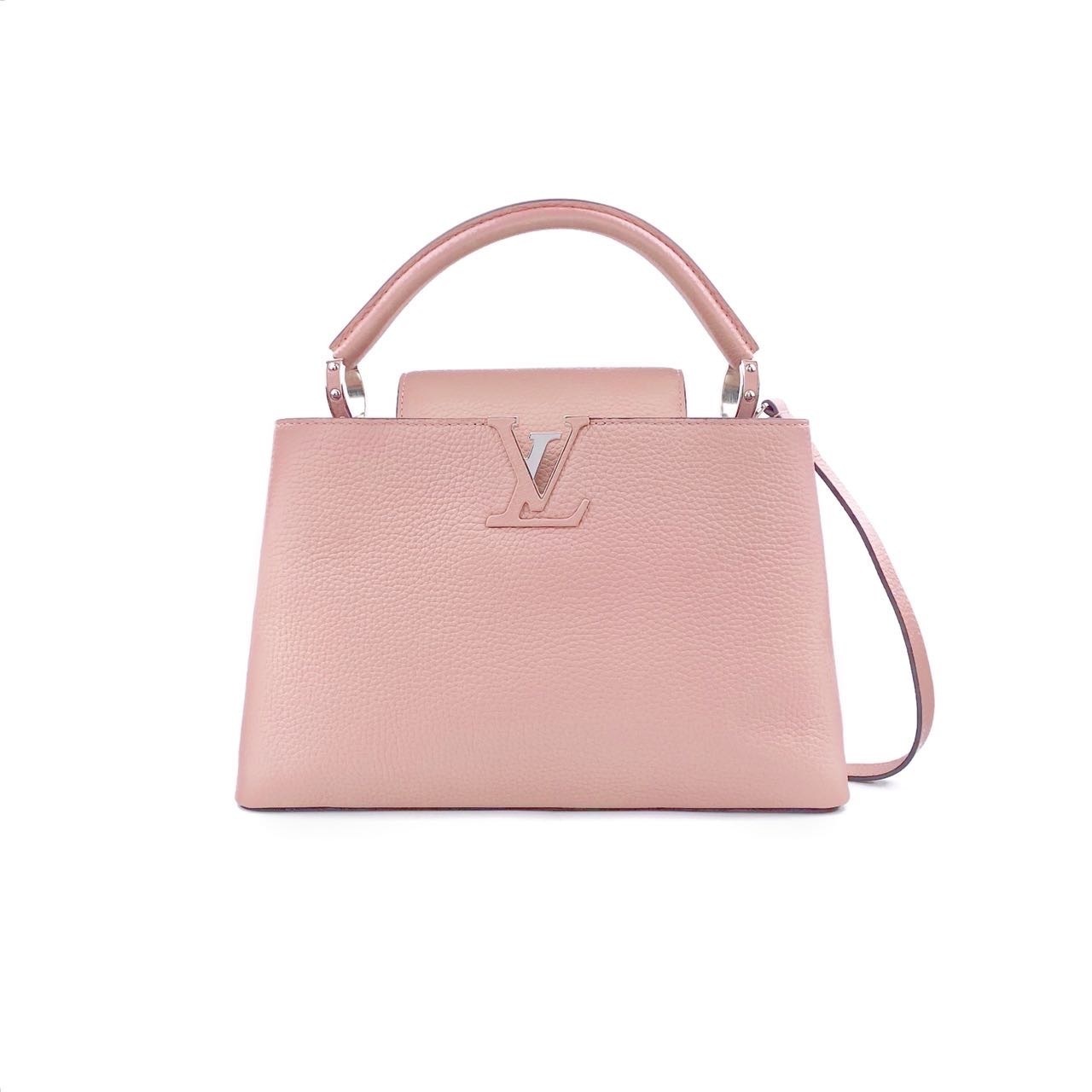 99新 LouisVuitton/路易威登 粉色牛皮银标capucines手提单肩包