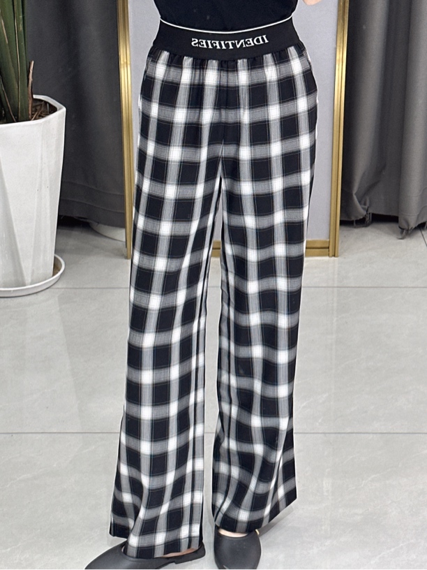 福利不退换冰丝格子阔腿裤女夏季薄款高腰垂感显瘦窄版直筒休闲裤