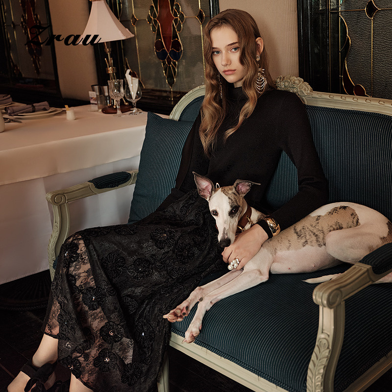 【臻选】ZRAU赫本风蕾丝拼接中长裙冬蝴蝶腰带连衣裙Z1244L00