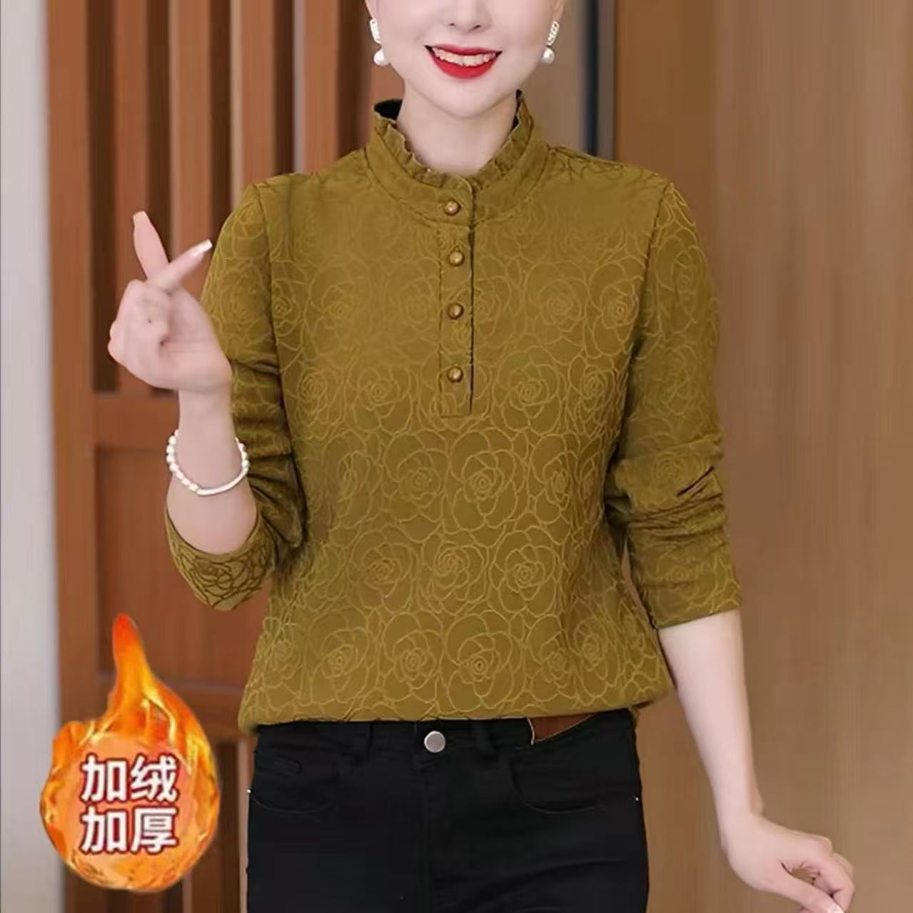 妈妈百搭提花长袖加绒中式T恤加厚秋冬保暖新款上衣时尚洋气打底