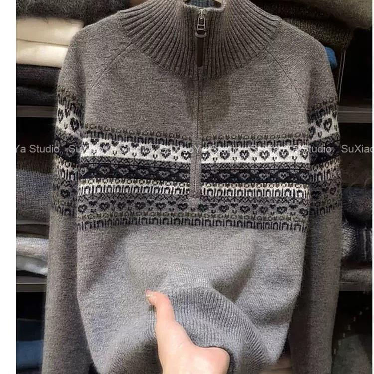 【半拉链费尔岛灰】2025秋冬新款毛衣冬季内搭女士套头韩系厚上衣