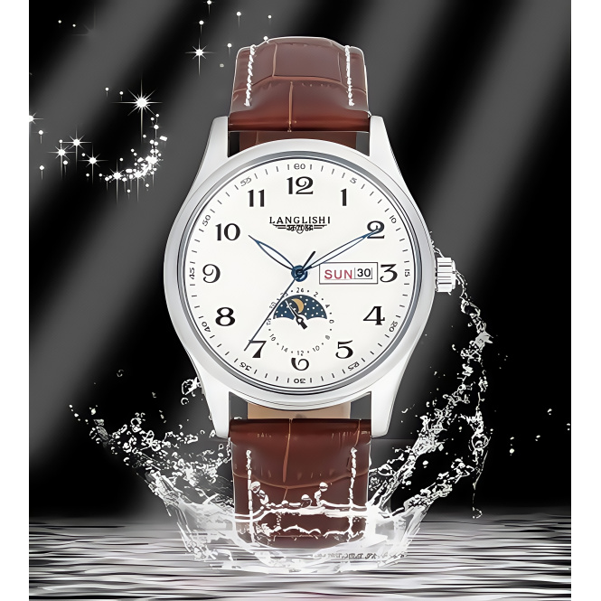【专柜正品】男士经典白盘月相棕皮蝴蝶扣双历手表时尚腕表LS008