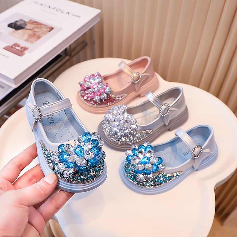品牌水钻爱莎宝宝鞋子2025秋季女童皮鞋亮钻儿童公主单鞋软底水晶