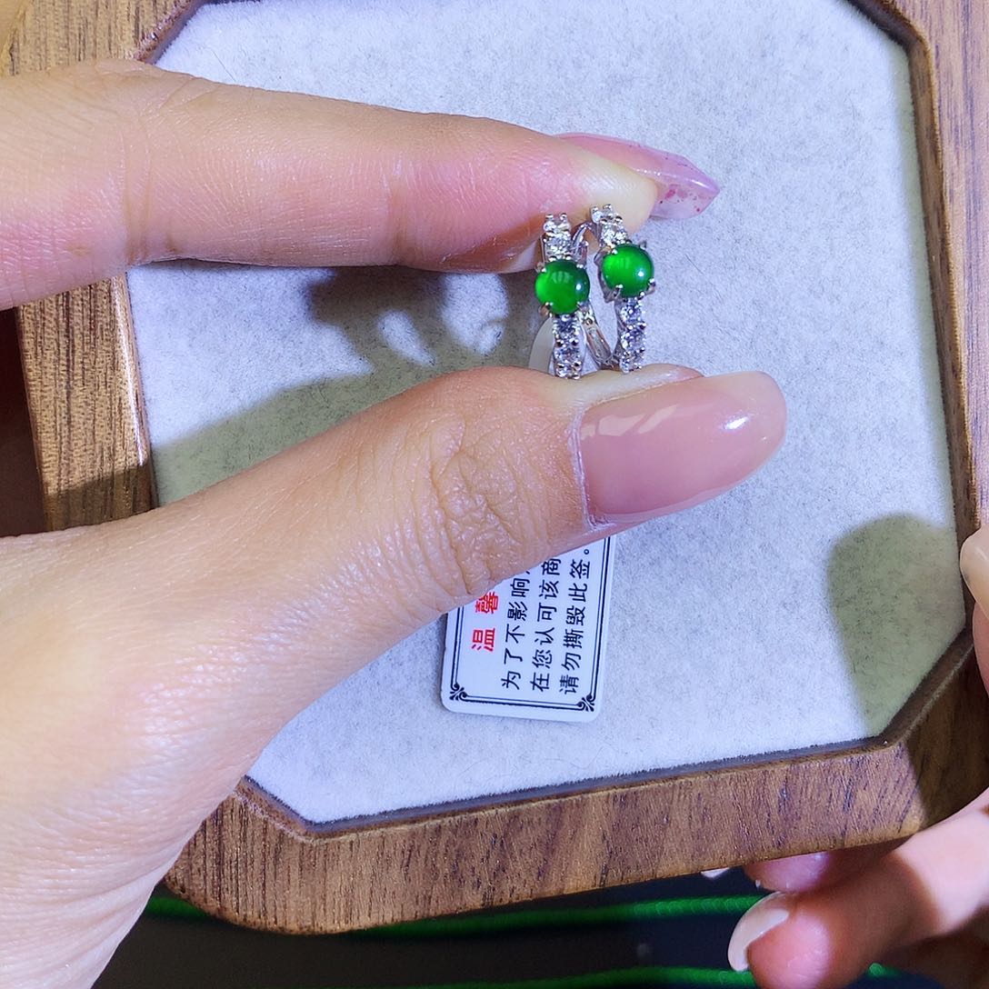 翡翠耳饰银S925镶嵌天然翡翠耳包