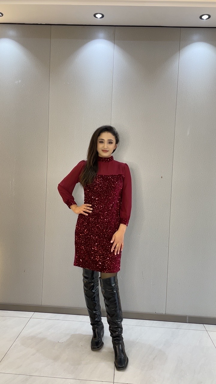 时尚网纱拼接显瘦包臀长袖连衣裙轻奢女装