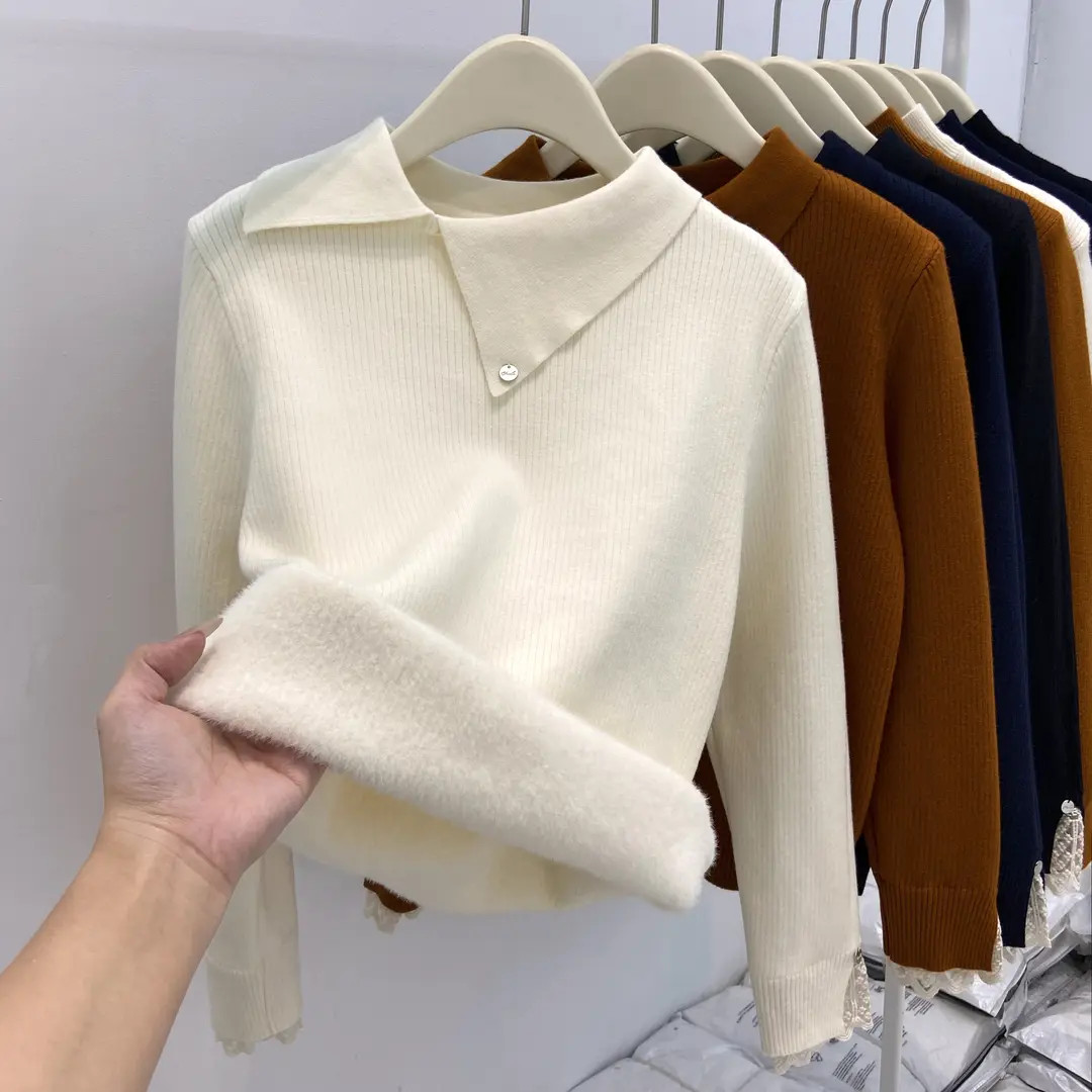 高品质加绒加厚一体绒翻领蕾丝袖口针织衫女秋冬新款显瘦百搭打底