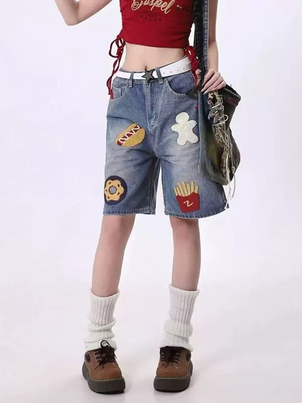 百搭时尚夏季刺绣洋气日系复古薄款短裤牛仔裤纽扣