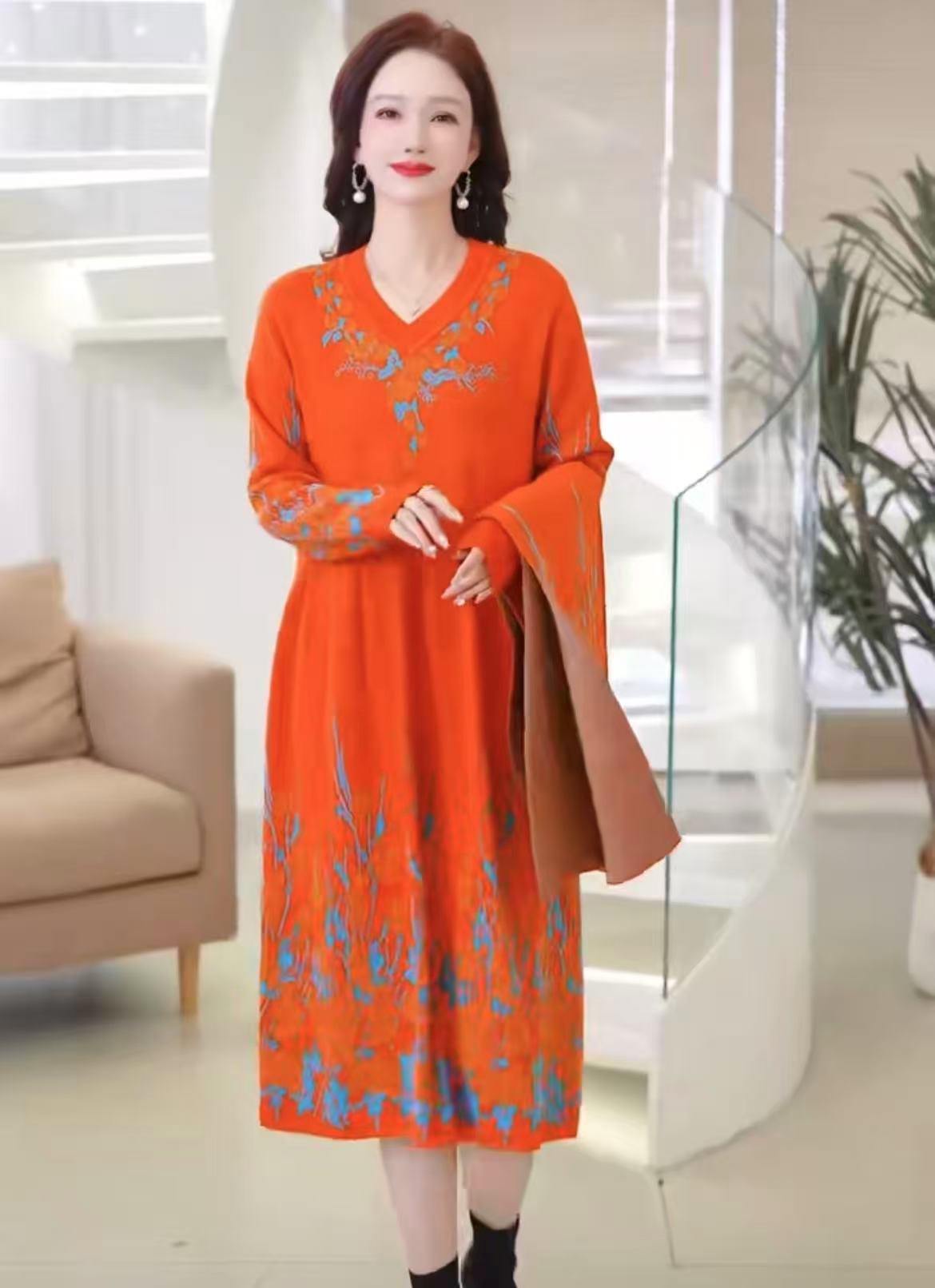 [125]秋冬季优雅时髦长袖时尚气质网红提花工艺民族风连衣裙