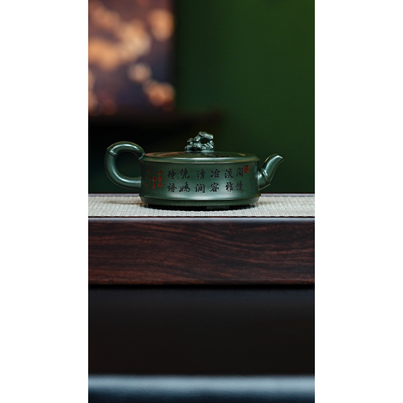 宜兴紫砂 竹韵周盘 绿泥 谭青h450
