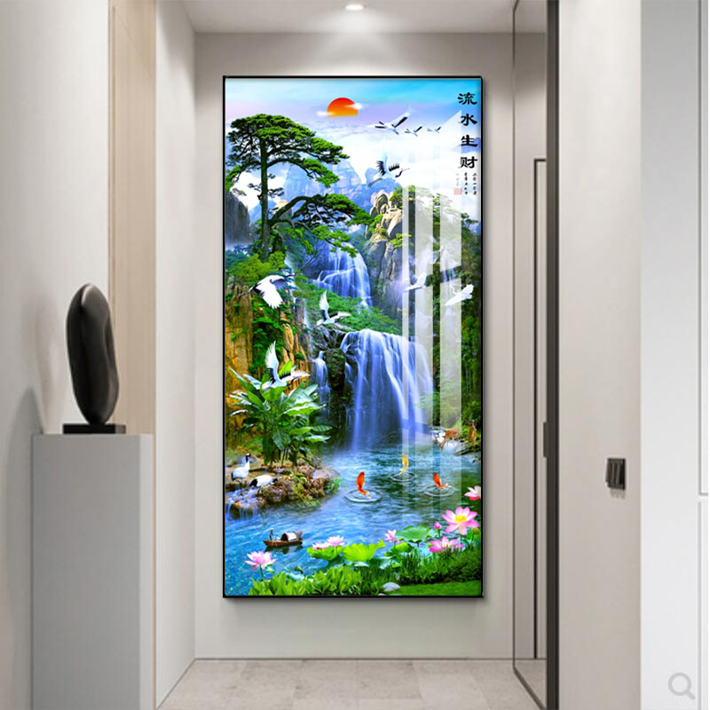 新中式流水生财玄关装饰画玄关晶瓷画走廊过道墙面壁画寓意美好