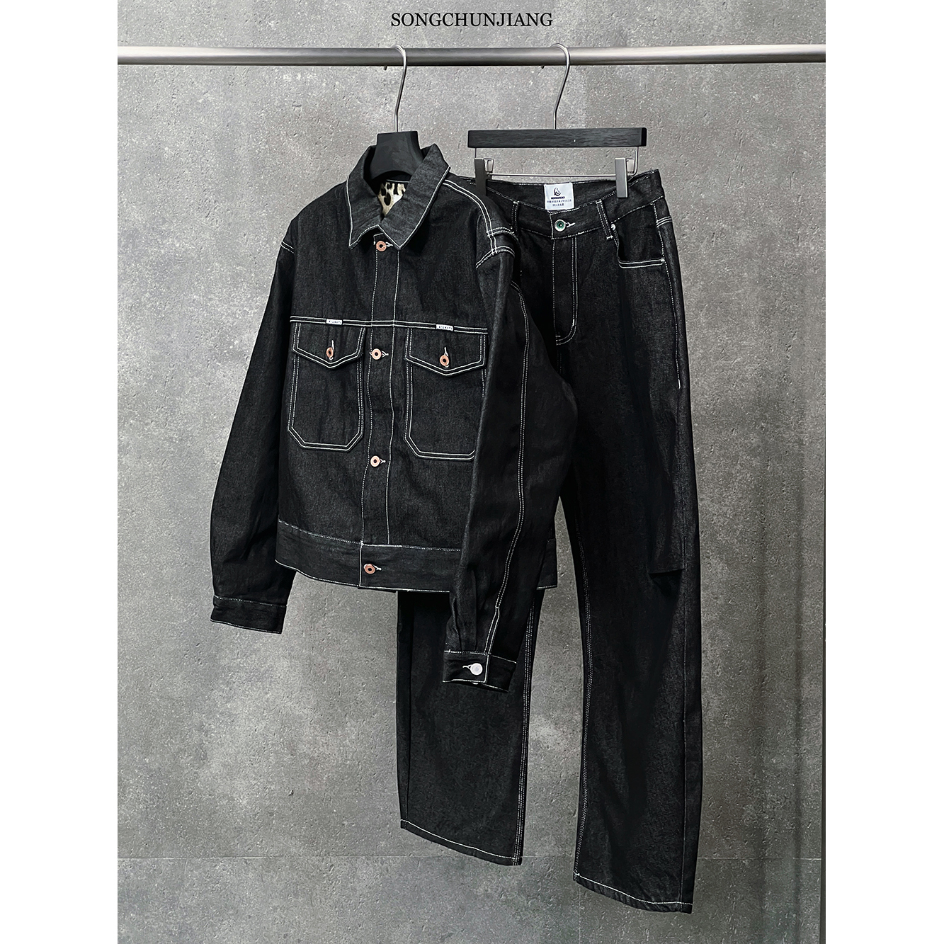 宋春江同款 日系复古牛仔夹克Vintage原牛男女宽松弯刀水洗长裤