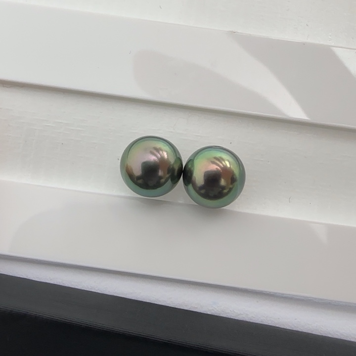 海水珍珠裸珠天然大溪地孔雀绿对珠8-9