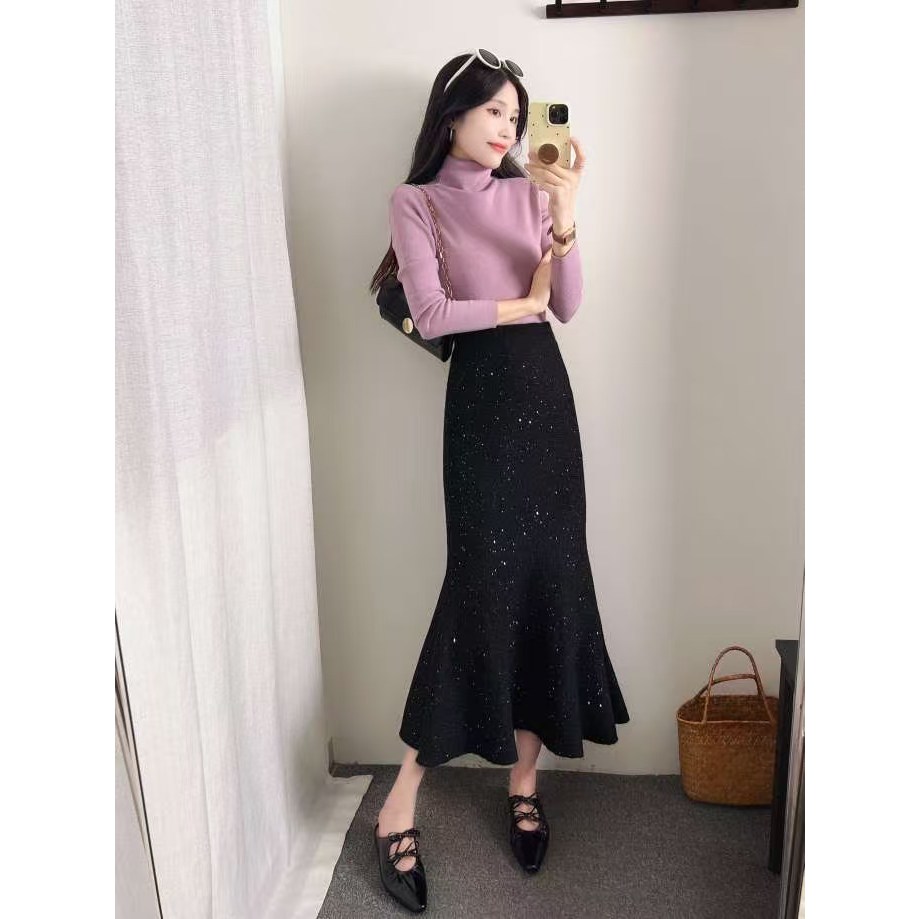 1325松紧腰鱼尾裙女针织毛线半身裙新款秋冬高腰中长裙气质包臀裙