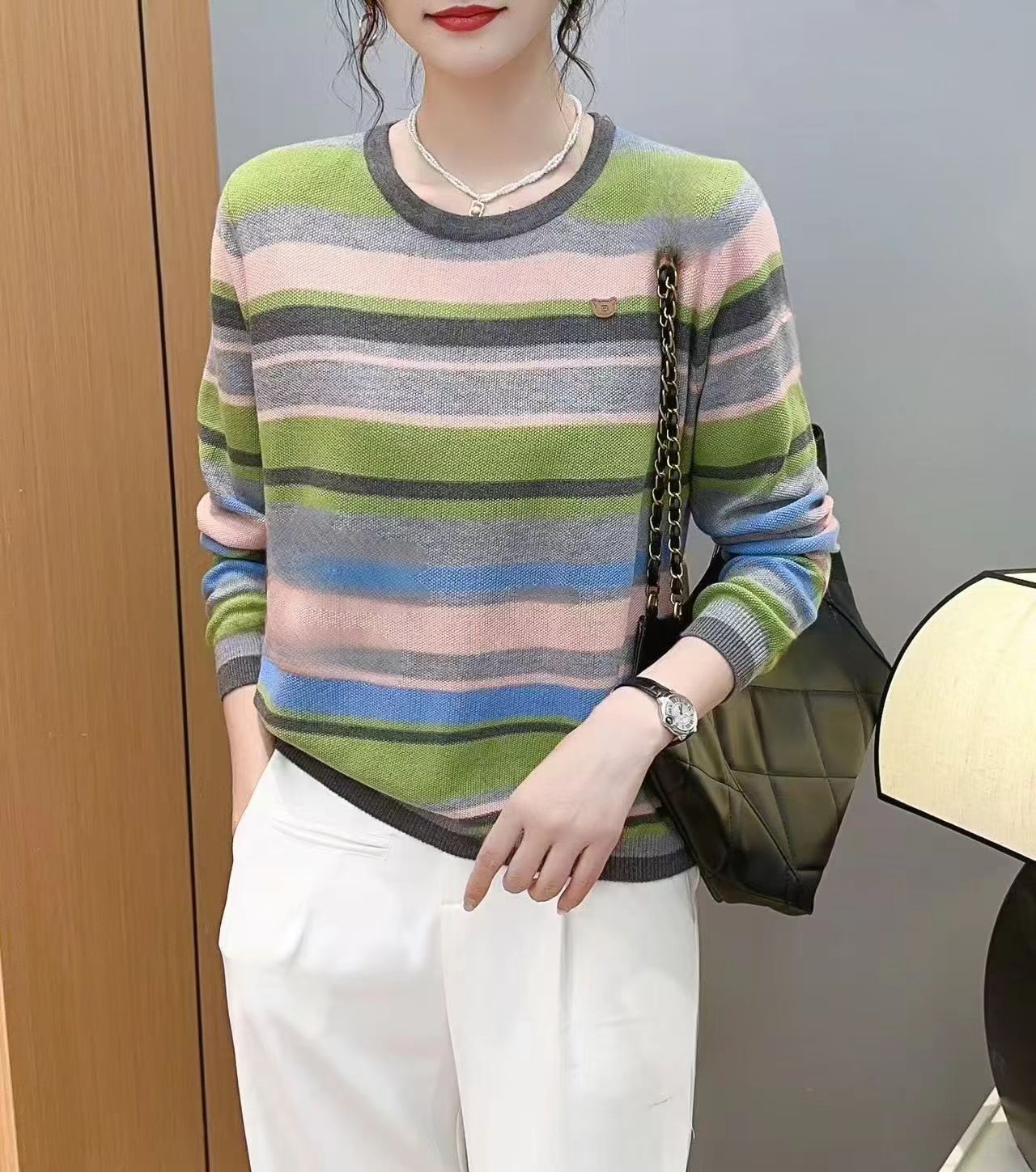 欧洲站乌衣轩套头宽松条纹针织衫女