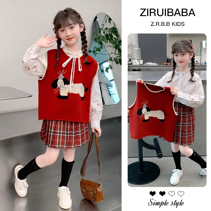 女童春装学院风套装2025新款韩系大童马甲裙子三件套儿童网红童装