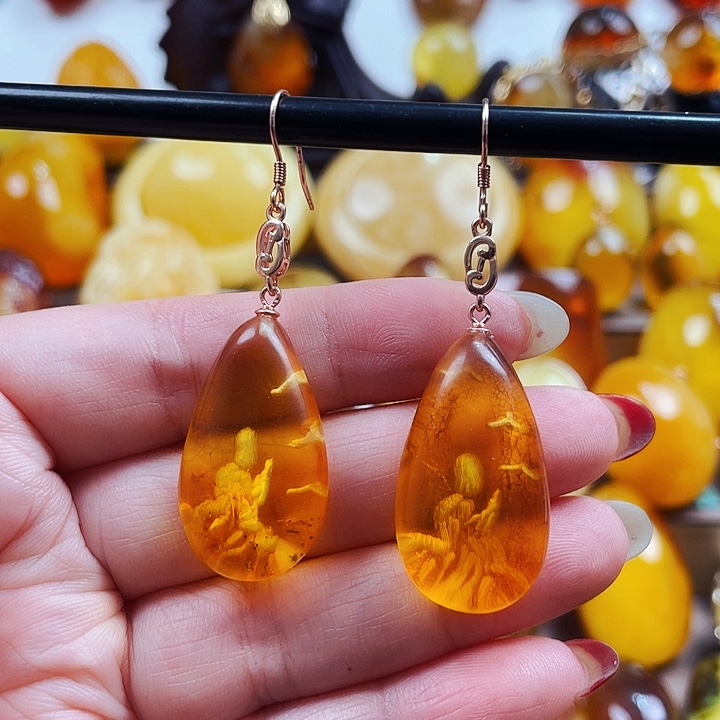 琥珀戒指银S925镶嵌耳环