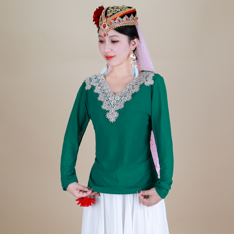 天翼美女士修身网纱打底小衫维吾尔族舞台演出衣服广场舞服装