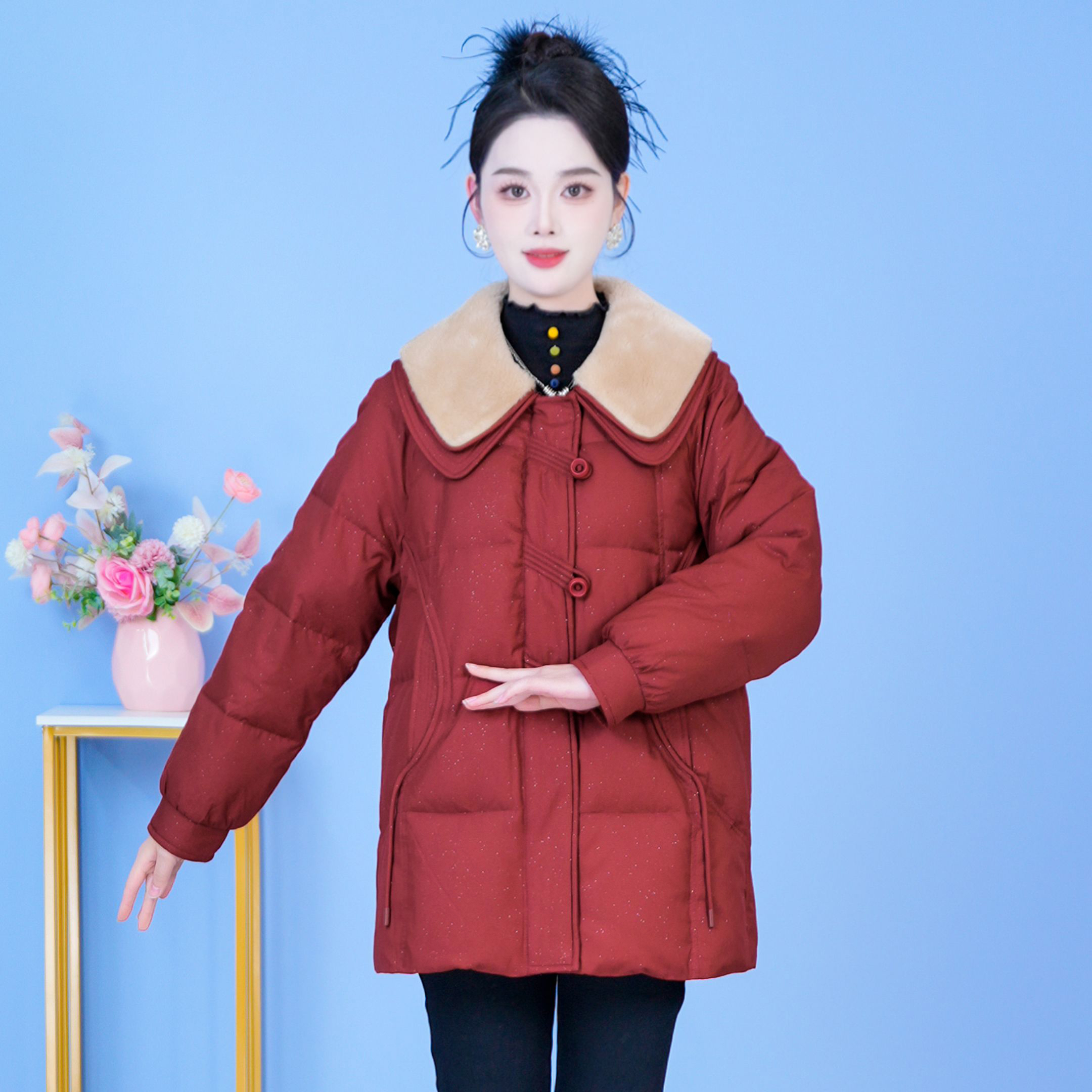 翻领拼色气质保暖时尚加厚羽绒服新款宽松2025年冬季【SJYH5107】