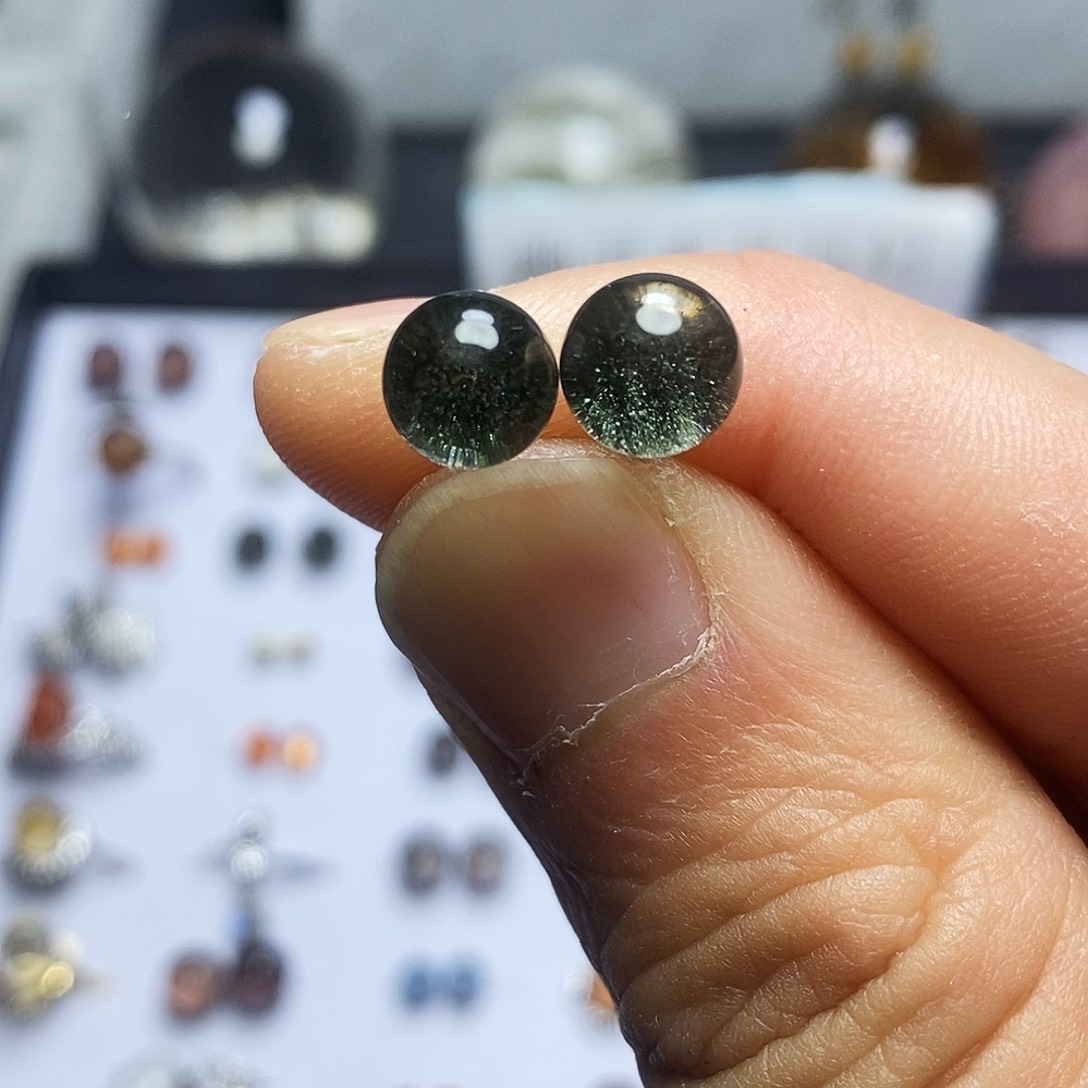 水晶耳钉银S925镶嵌林*绿幽灵水晶耳钉