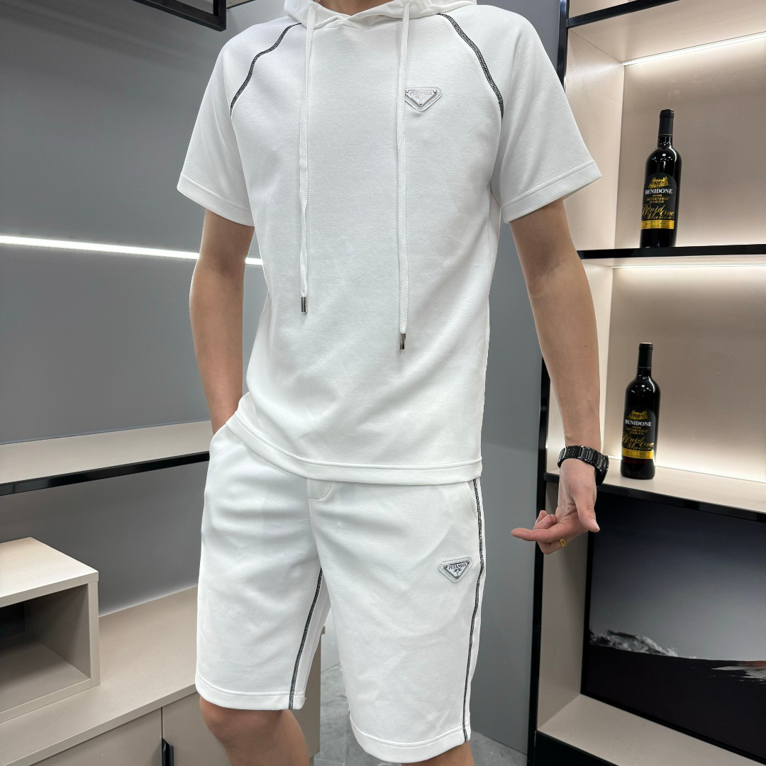 高腰男短袖休闲运动套装韩版宽松白色夏季帅气连帽薄款