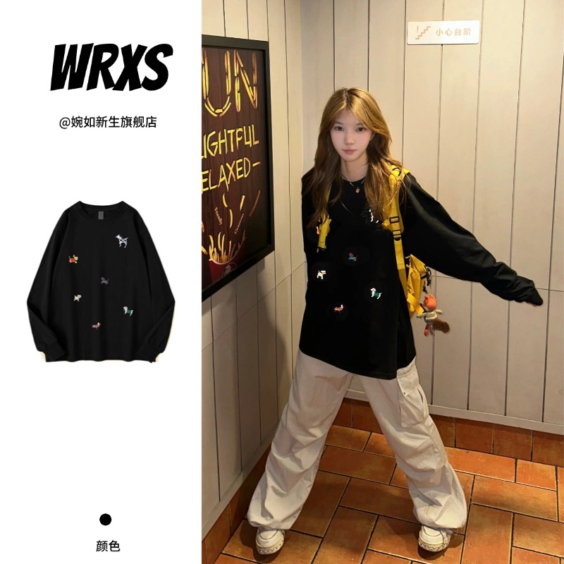 【婉如新生】美式复古纯棉长袖T恤女早秋新款宽松oversize打底衫衣