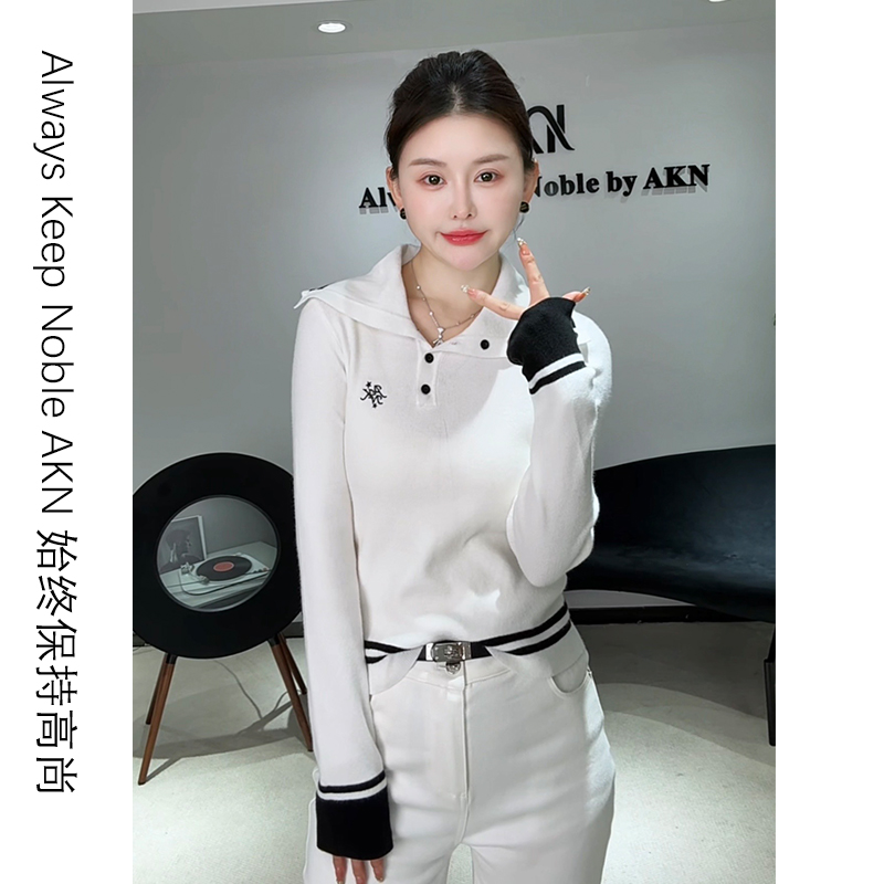 艾珂妮3005【休闲翻领毛衣】针织条纹时尚翻领毛针织衫