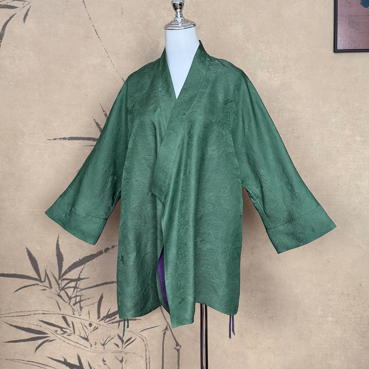 【卷卷新中式】“鲤鱼跃龙门”万事利杭锦绿紫 双面双穿对襟茶服道袍