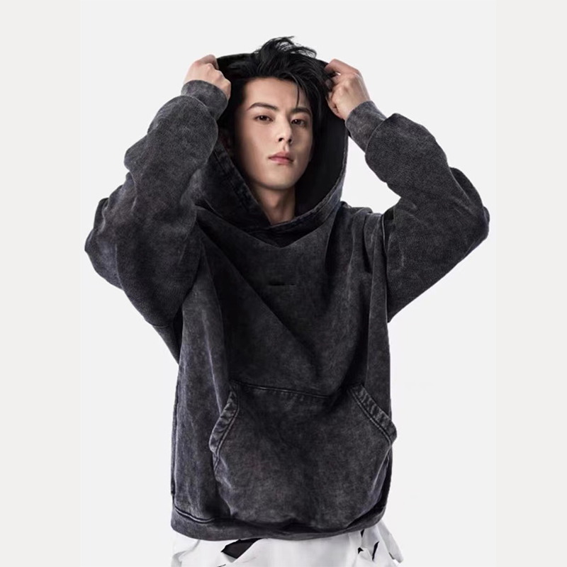 A008 做旧连帽卫衣男春秋季美式街头ins潮牌宽松复古痞帅牛仔帽衫