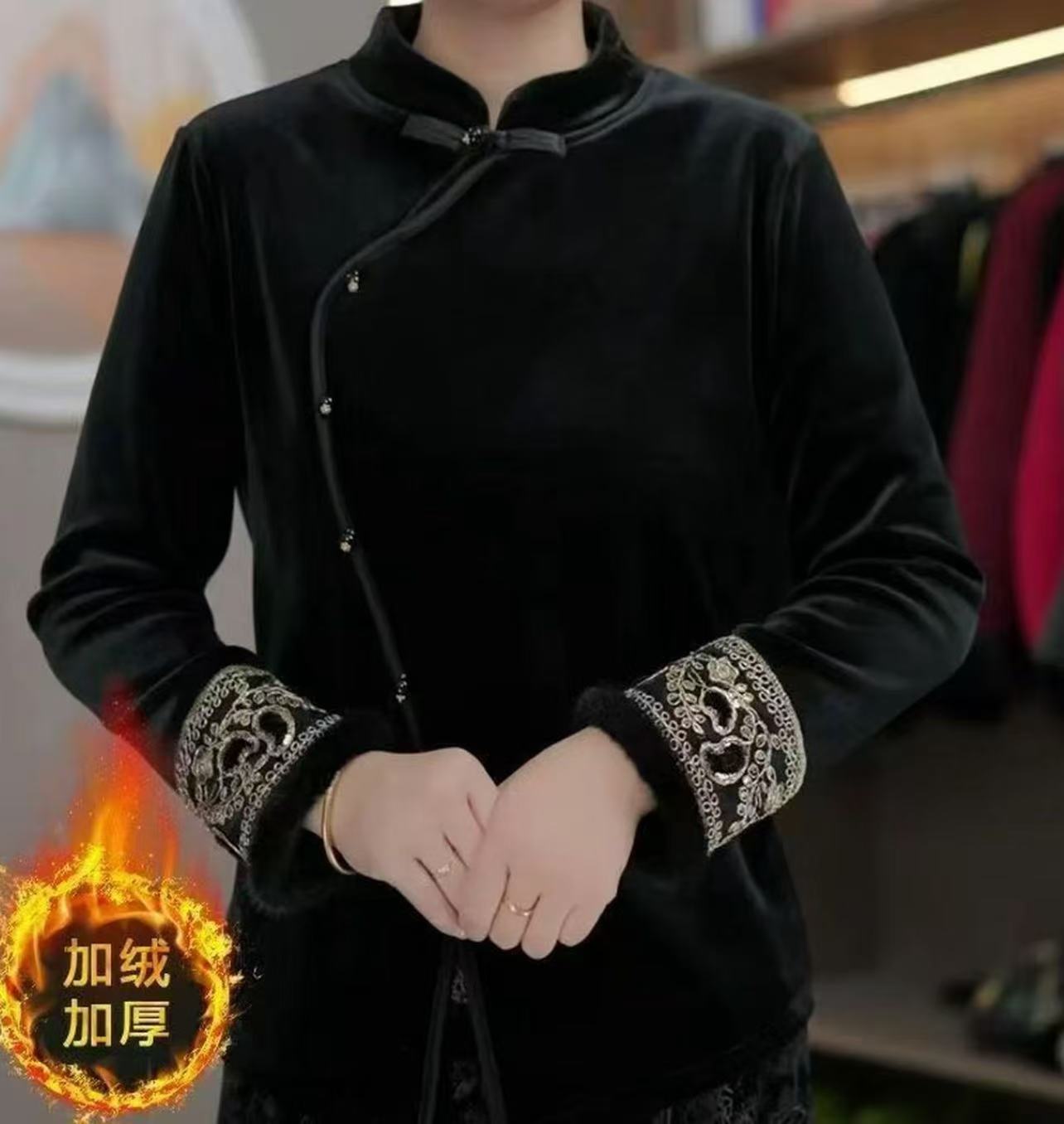 【乐吟】民族风新中式纯色厚款唐装上衣长款立领加绒加厚款百搭964