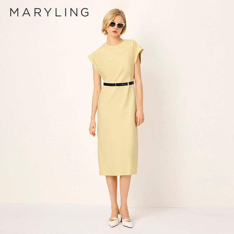 MARYLING玛俪琳2025春季新品黄绿色宽松短袖连衣裙A1FCW62260