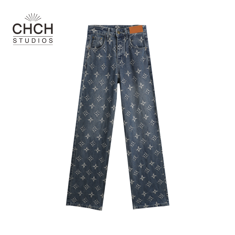 RAQCK22526字母提花阔腿牛仔裤女新款高腰宽松显瘦复古印花直筒裤