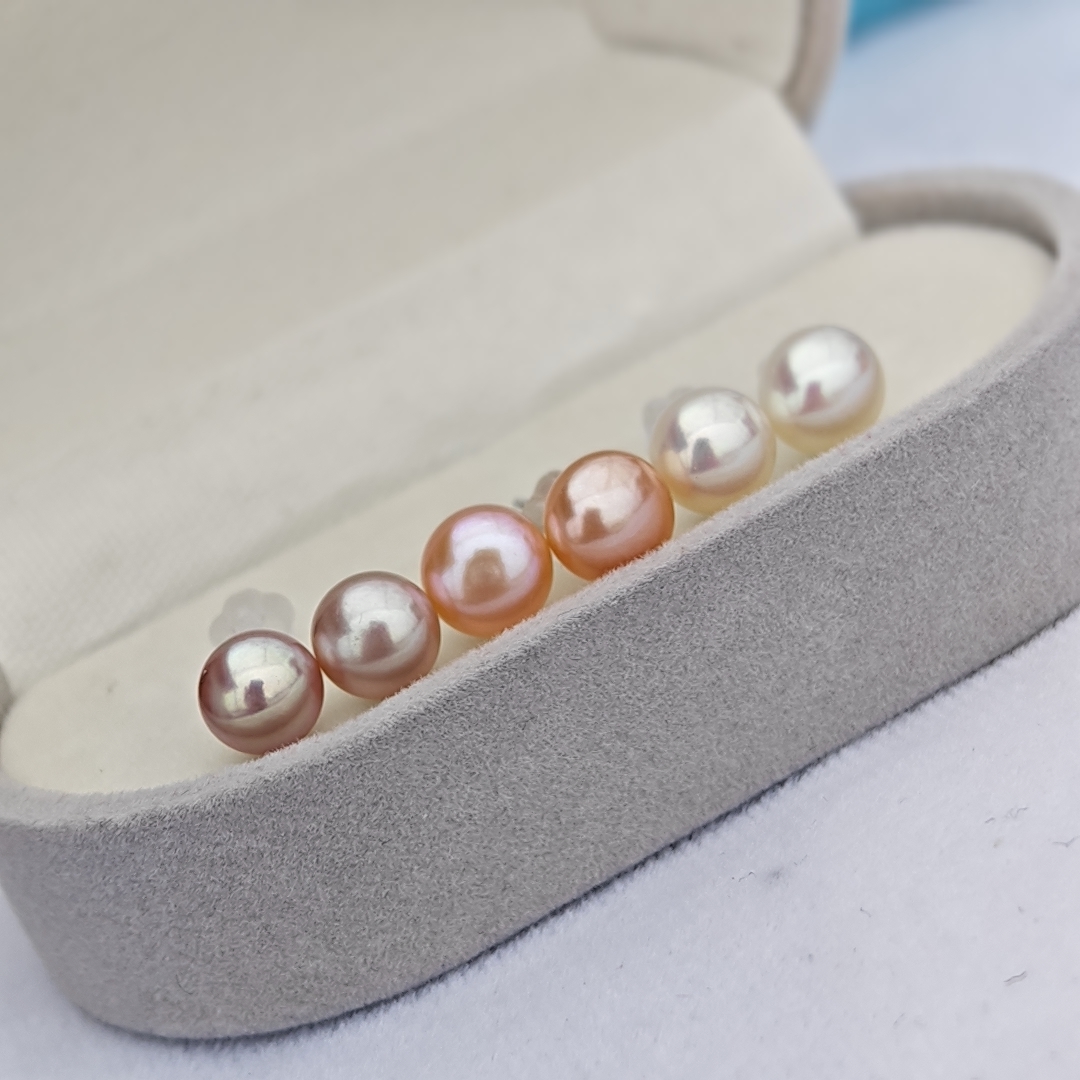 FLE158【小鹅珍珠】天然淡水珍珠耳钉6-7mm三色无核耳钉S925银