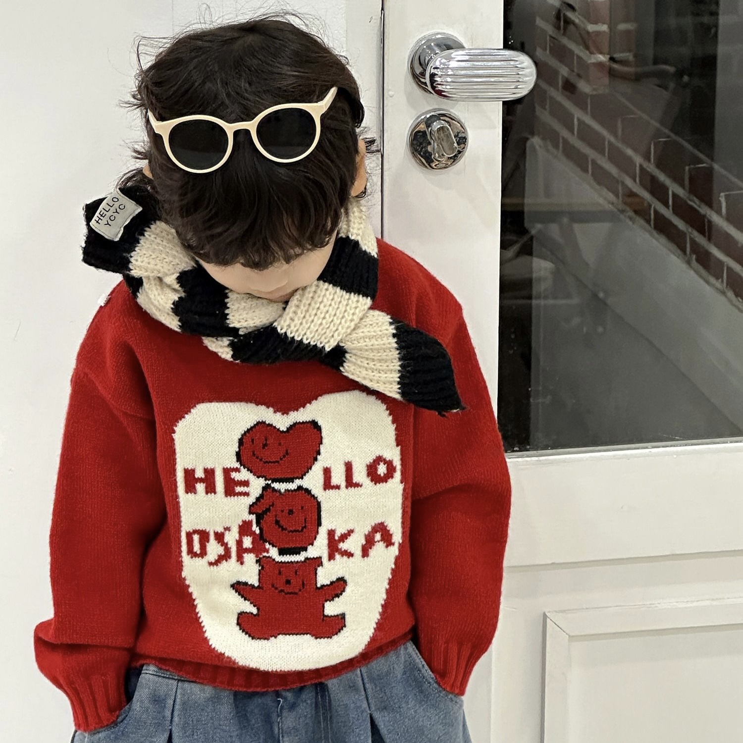 儿童毛衣冬季新款男童红色针织拜年服女孩中小童卡通加厚套头毛衣